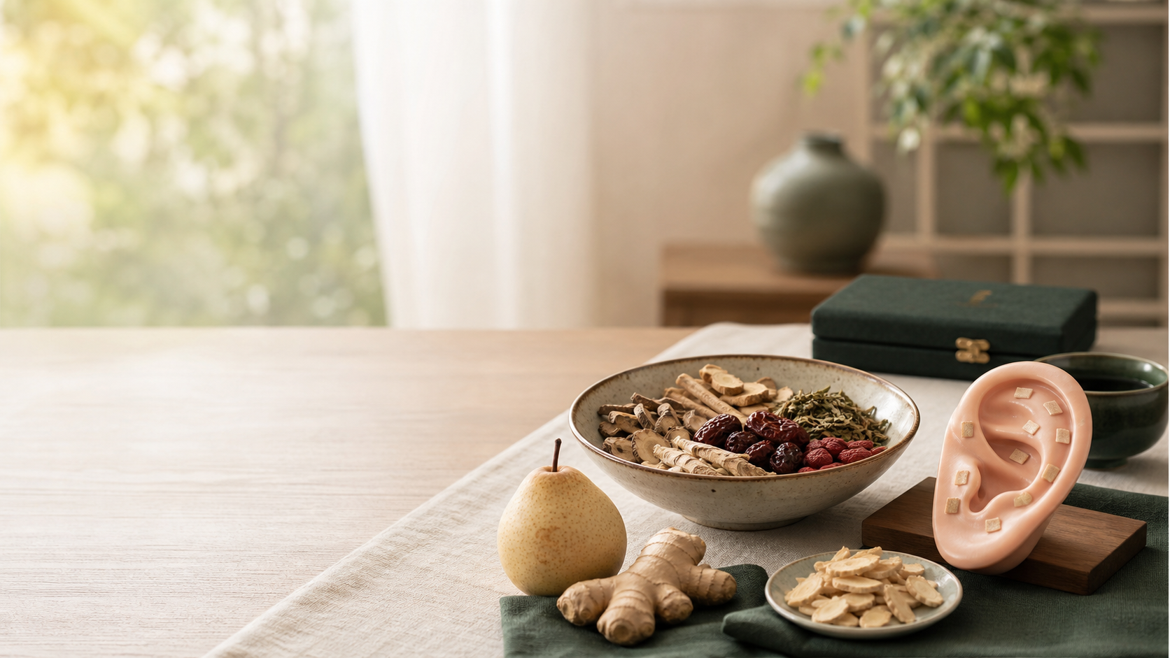 Ervas, alimentos e modelo de auriculoterapia sobre mesa de consulta